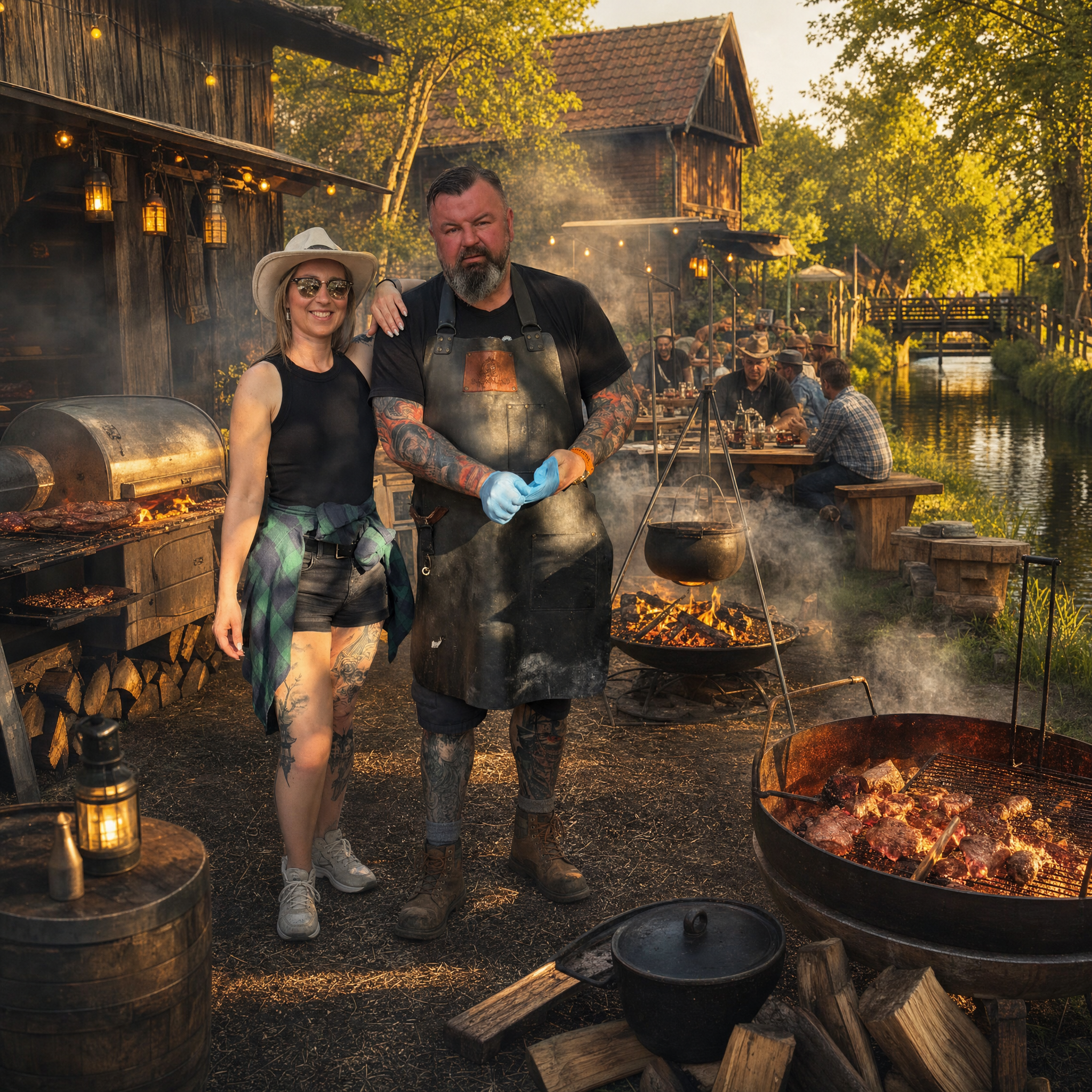 Grill-Meister am Spießgrill im abendlichen Spreewald