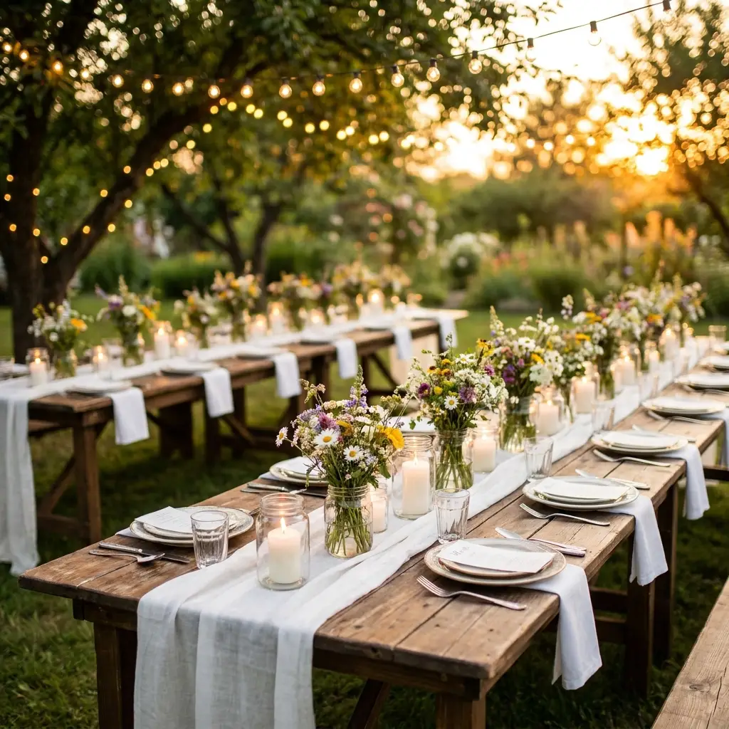 Rustikale Hochzeitstafel im Garten beim goldenen Sonnenuntergang