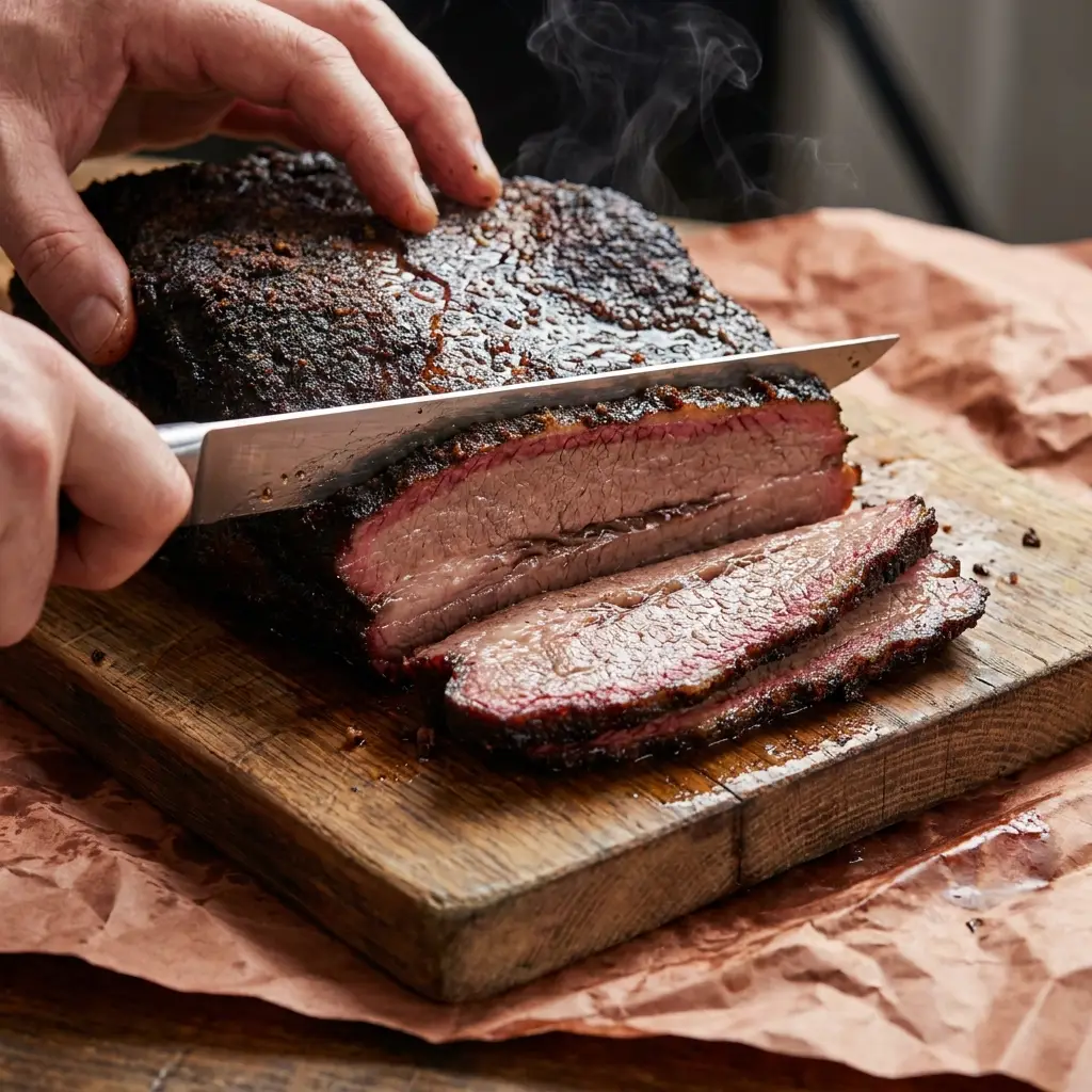 Aufgeschnittenes Smoked Beef Brisket mit Smoke-Ring