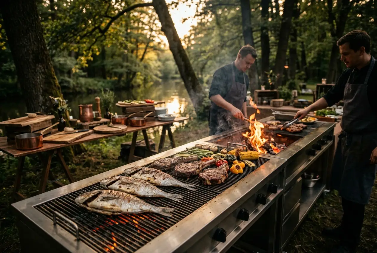 Live-Grillcatering mit frisch gegrilltem Fleisch und Fisch