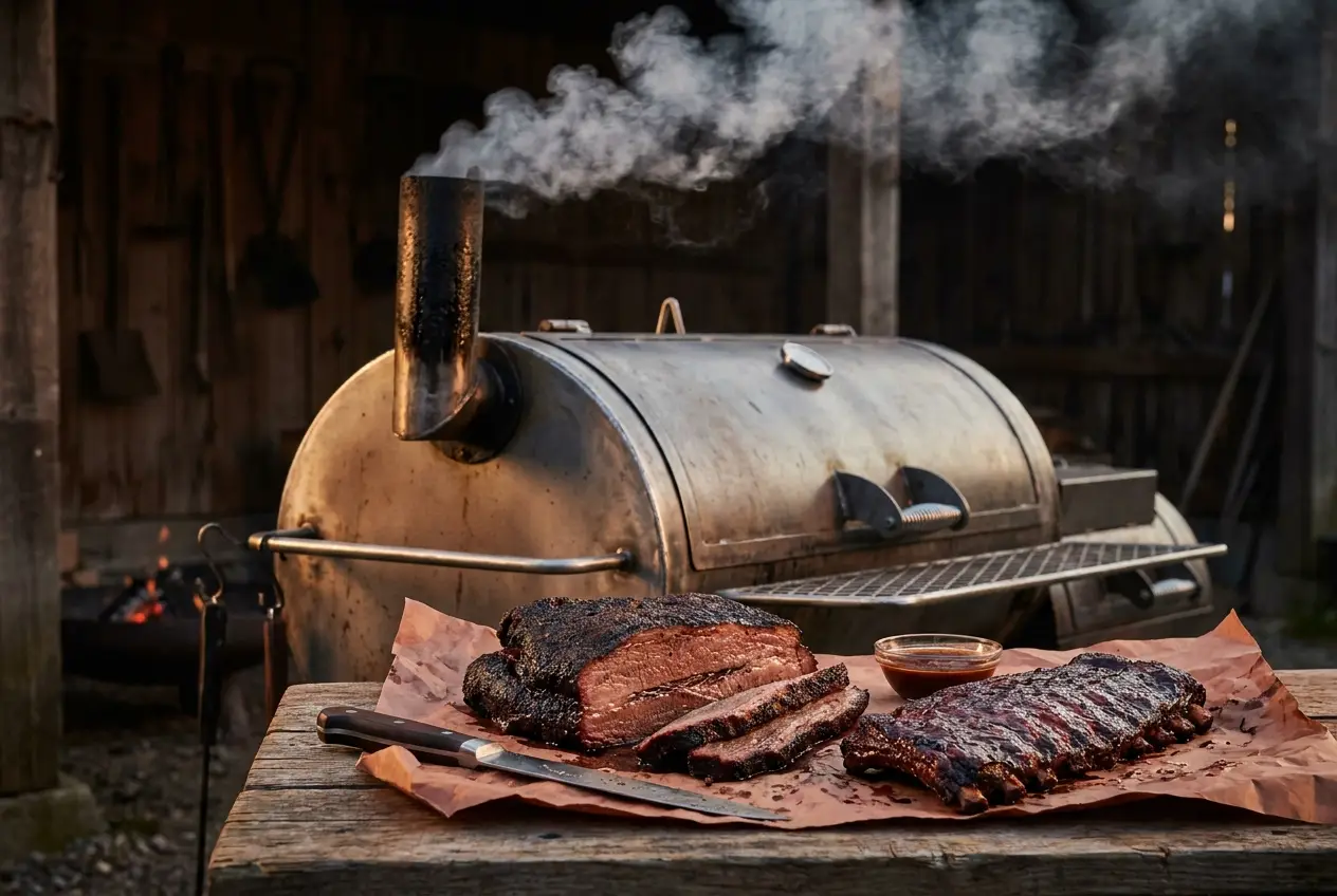 Großer BBQ-Smoker mit Brisket und Ribs